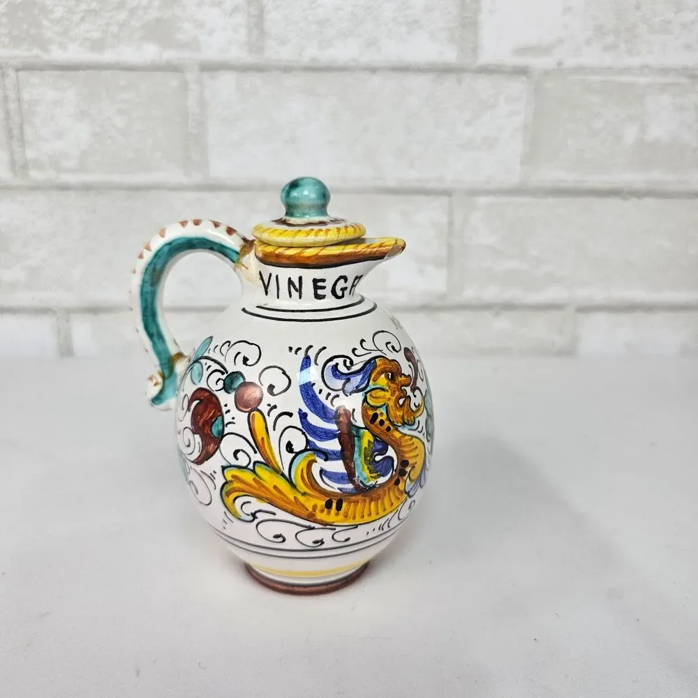 Deruta Italy Raffaellesco Majolica Ceramic Vinegar Cruet Hand Painted Vintage